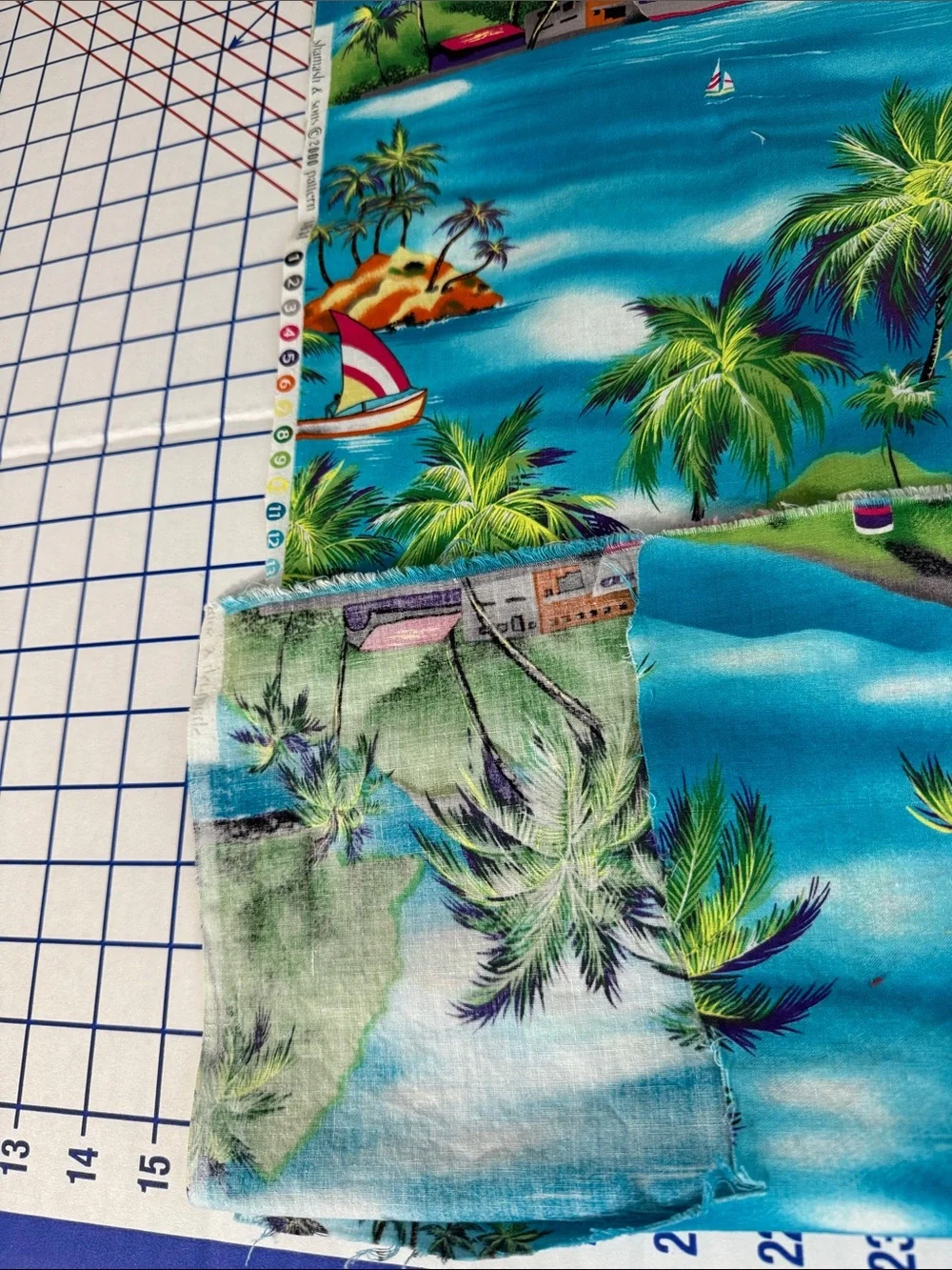 Vintage Tropical Island Scenic Fabric 1¾ Yards Palm Trees Sailboats Caribbean